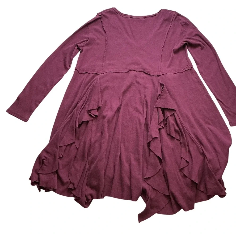 Free People Beach Womens Small Ruffle Tunic Top Long Sleeve Berry Wine V-Neck - Picture 5 of 9
